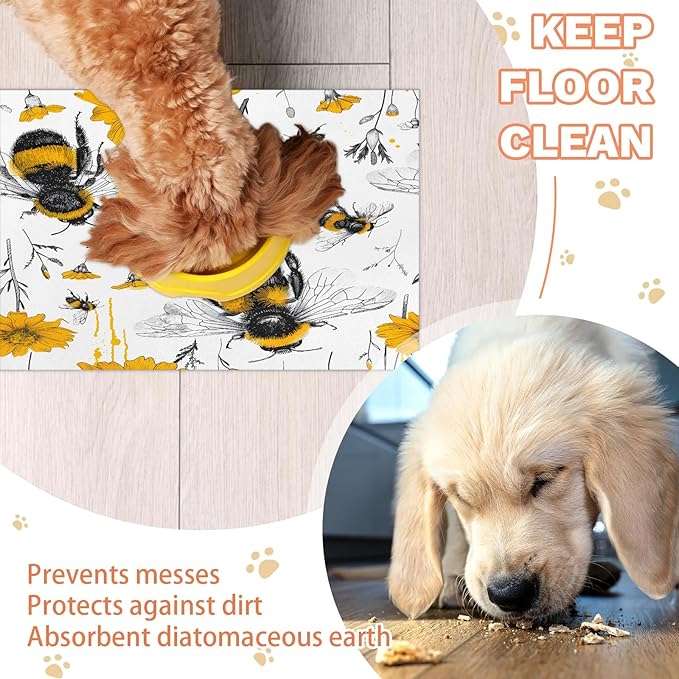 Boho Bee Dog Food Mat for Floors Absorbent, Quick Dry Water Dispenser Mat for Food, Water, Pet Supplies 24" x 32", Yellow Flower