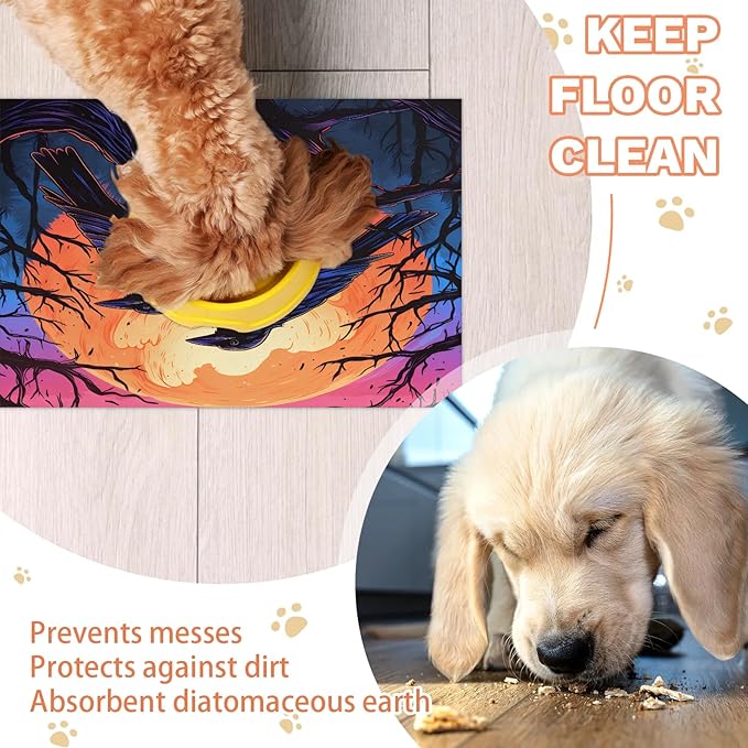 Halloween Raven Dog Food Mat for Floors Absorbent, Quick Dry Water Dispenser Mat for Food, Water, Pet Supplies 16" x 24", Moon Night