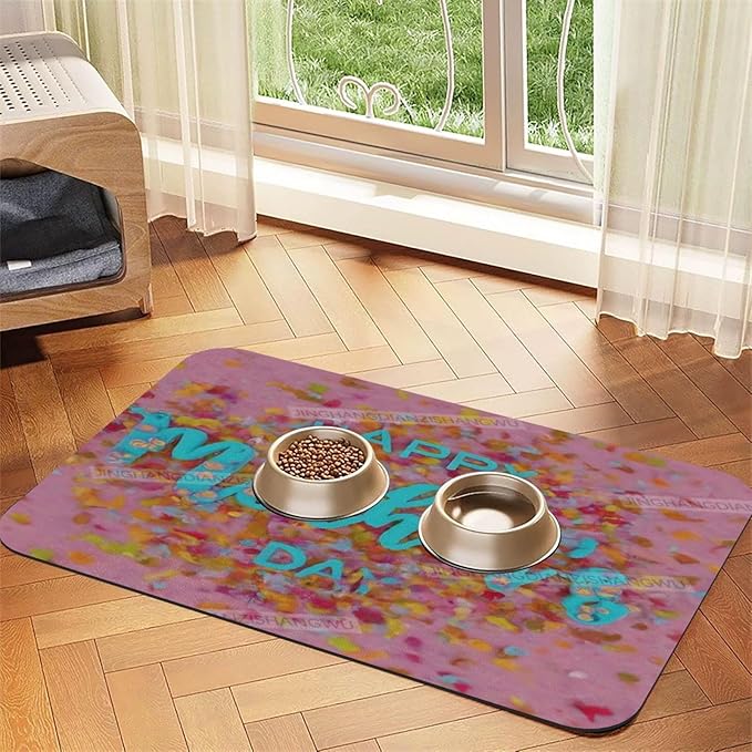 Dog Food Mat Dog Mat for Food and Water 18X12In Happy Mother's Day Floral Gift Mom Fc No Stains Cat Pet Feeding Mats Water Bowl for Messy Drinkers