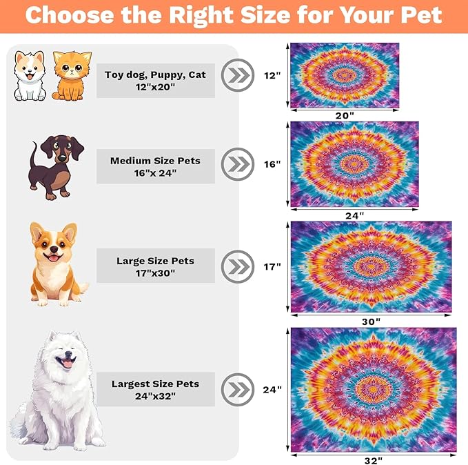 Tie Dye Dog Food Mat for Floors Absorbent, Quick Dry Water Dispenser Mat for Food, Water, Pet Supplies 17" x 30", Boho Mandala Rainbow