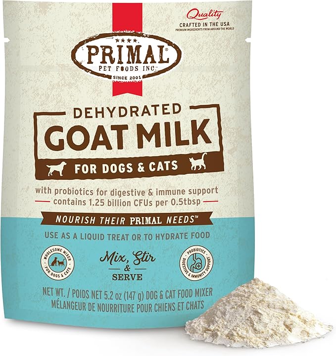 Primal Goat Milk Powder for Dogs and Cats, Shelf Stable Food Topper with Probiotics for Digestion, Hydration, and Immune Support, Original Recipe 5.2oz Pouch