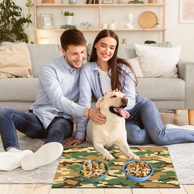 Camouflage Dog Food Mat for Floors Absorbent Dog Bowl Mat for Food and Water Dispenser Quick Dry Cat Food Placemat Pet Supplies 17" x 30", Brown Green Camo