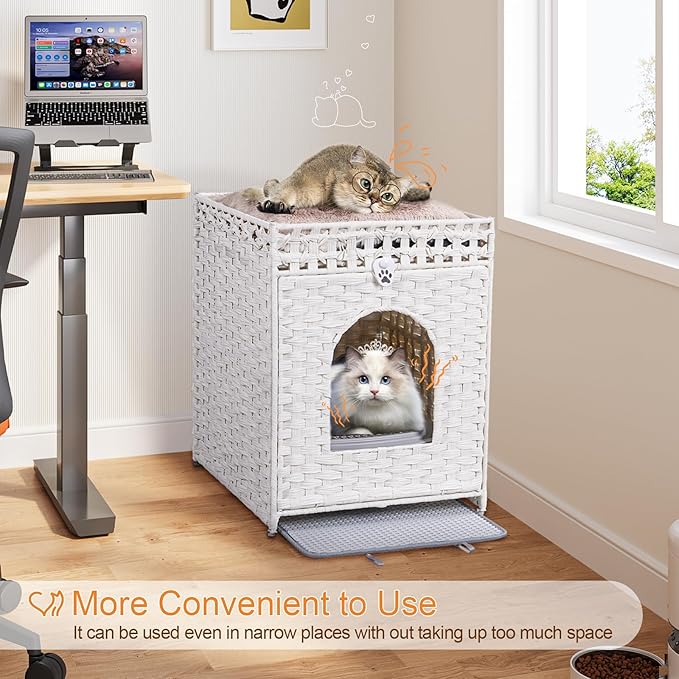 Snughome Cat Litter Box Enclosure Furniture Hidden with Litter Mat, Hidden Washroom Furniture with Door, Handwoven Rattan Cat Washroom Box, Indoor Pet House for Living Room, Bedroom(White)