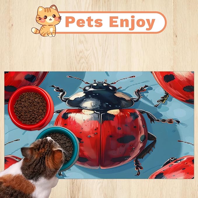 Ladybird Dog Food Mat for Floors Absorbent, Quick Dry Water Dispenser Mat for Food, Water, Pet Supplies 17" x 30", Black Red Ladybird