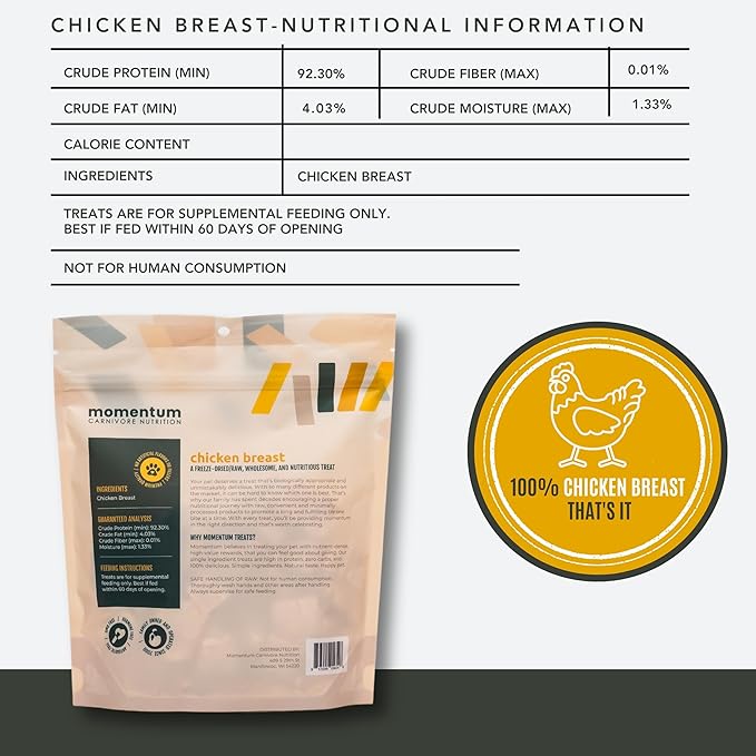 Momentum Carnivore Nutrition Freeze-Dried Chicken Breast Dog Treats & Cat Treats – Single-Ingredient, High-Protein, Grain-Free, Lean & Easily Digestible – Made in USA – 3 oz Bag