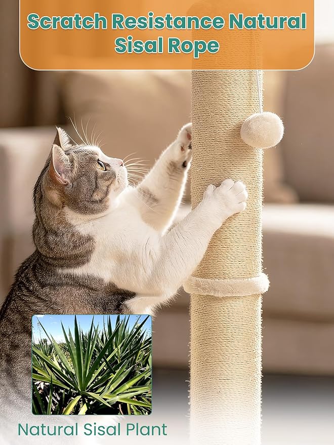Cat Scratching Post 33-Inch Cat Scratching Post Natural Sisal Rope Mounting Methods Scratcher Tree Tower with Stable Base and Hanging Toy Balls for Indoor Cats and Kittens
