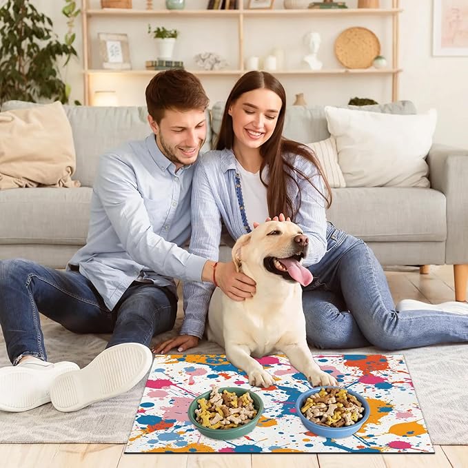 Colorful Graffiti Dog Food Mat for Floors Absorbent Dog Bowl Mat for Food and Water Dispenser Quick Dry Cat Food Placemat Pet Supplies 17" x 30", Rainbow