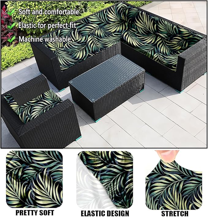 HANDONTIME 8Pcs Outdoor Patio Cushion Covers Green Leaves Stretch Couch Cushion Cover Patio Couch Slipcover for Outdoor/Indoor Washable Non-Slip Furniture Protector for Pet (Black, Cover Only)