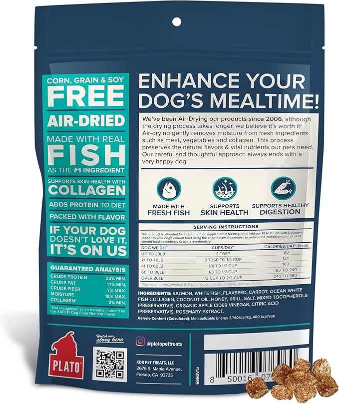 Plato Pet Treats Dog Food Toppers - Air-Dried Dog Food Toppers for Dry Food - with Collagen to Support Skin and Coat Health - Fish and Collagen Recipe 12oz