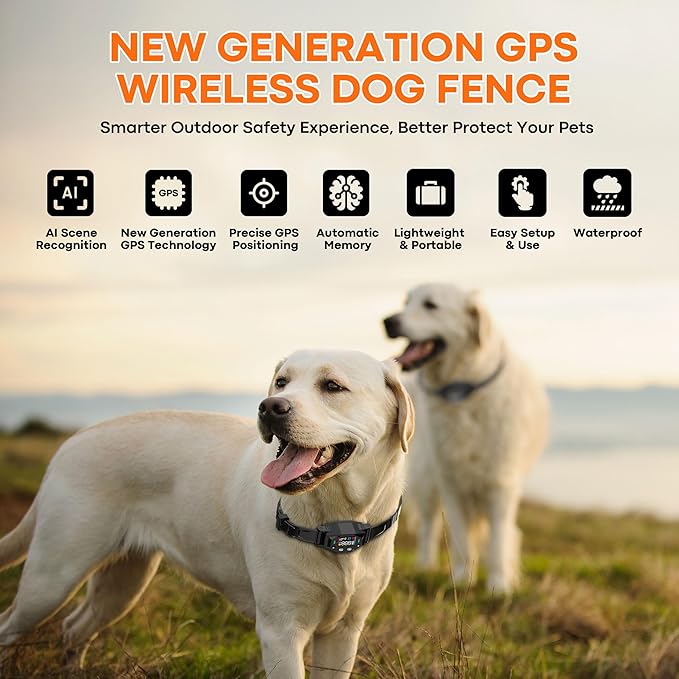 GPS Wireless Dog Fence System: Electric Fence for Dog with 4-Zone Progressive Correction & 3 Modes, 55-6000ft Adjustable Range, Waterproof Rechargeable GPS Dog Collar for Medium Large Dogs Outdoor Use