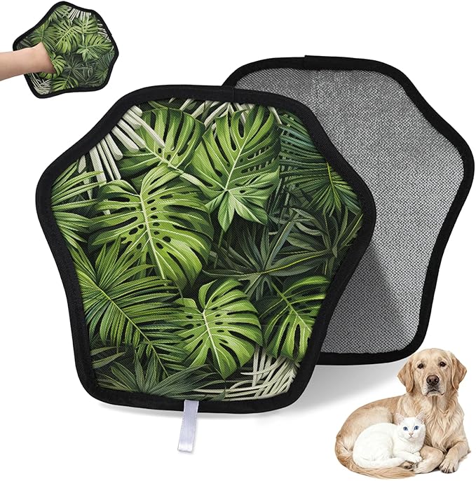 Vibrant Palm Leaves Electrostatic Pet Hair Removal Glove for Cats & Dogs - Reusable Grooming Mitt for Couch, Carpet, Car Seat & Laundry - Large 9x9 Inch
