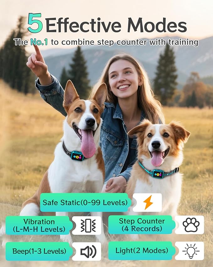 Dog Shock Collar for 2 Dogs 4200FT: Innovative Step Counter & Smart Color Screen Dog Training Collar with Remote 5 Modes, IP67 Waterproof Rechargeable Ecollars for Large Medium Small Dogs