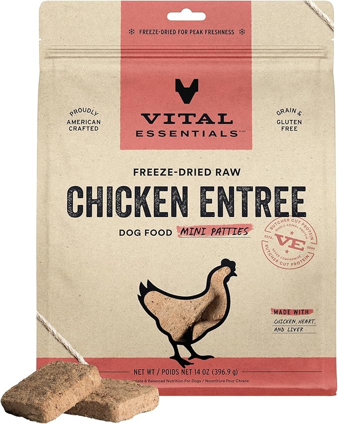 Vital Essentials Freeze Dried Dog Food, Raw Chicken Mini Patties | Complete Meal or Topper | High Protein, Grain Free Dry Dog Food | 14 oz Bag