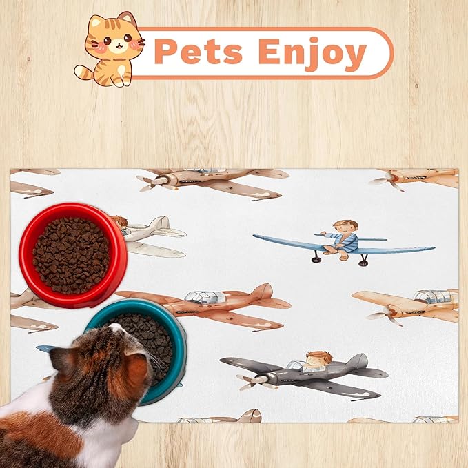 Cartoon Airplane Dog Food Mat for Floors Absorbent, Quick Dry Water Dispenser Mat for Food, Water, Pet Supplies 17" x 30", Colorful Plane