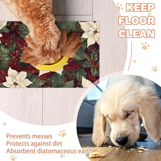 Christmas Flower Dog Food Mat for Floors Absorbent, Quick Dry Water Dispenser Mat for Food, Water, Pet Supplies 16" x 24", Red White Poinsettias