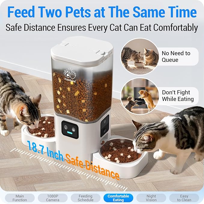 Dual Automatic Cat Feeder with Camera for 2 Cats: 5G WiFi Automatic Dog Feeder with Night Vision, 7L Auto Cat Food Dispenser with Two Camera for Multiple Pet, Easy to Clean-29 Cup(ACF180W-A)