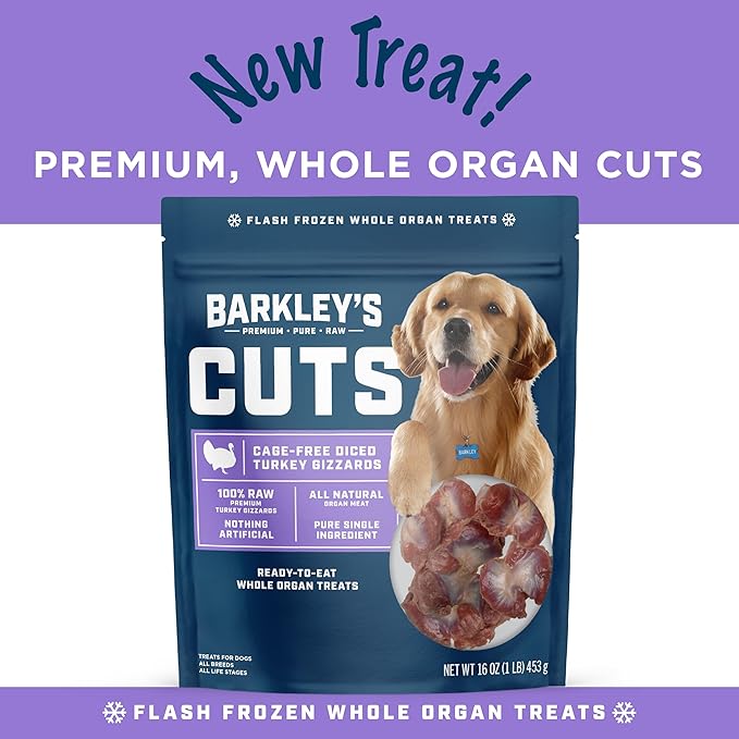 Barkley’s Cuts, Frozen Raw Diced Turkey Gizzards Dog Treats, Single Ingredient, Flash Frozen, High Protein Training Treats and Food Toppers for Puppies and Dogs, Human Grade Ingredients, 16 Oz Bag