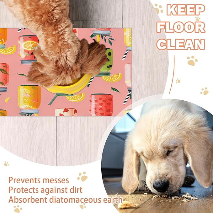 Fruit Juice Dog Food Mat for Floors Absorbent Dog Bowl Mat for Food and Water Dispenser Quick Dry Cat Food Placemat Pet Supplies 12" x 20", Cool Juice