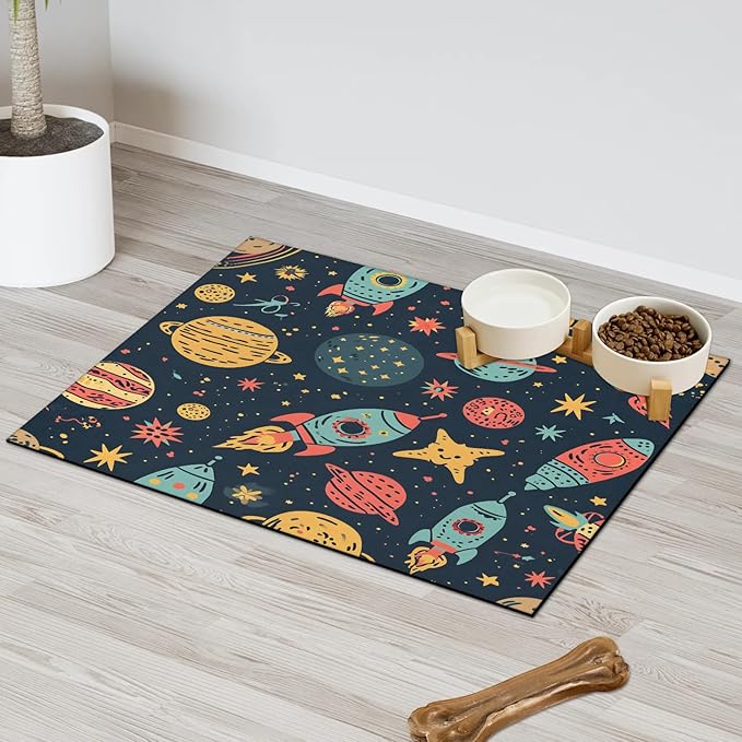 Universe Planet Dog Food Mat for Floors Absorbent, Quick Dry Water Dispenser Mat for Food, Water, Pet Supplies 16" x 24", Outer Space