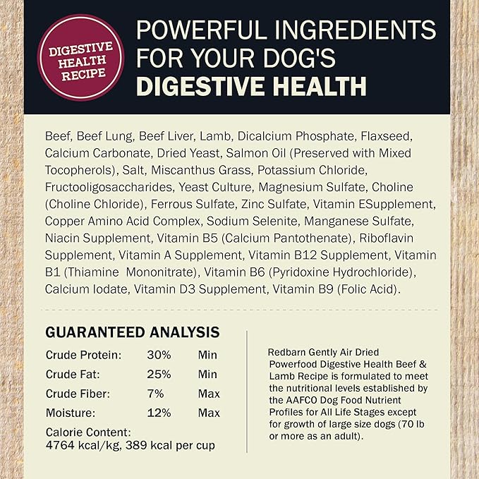 Redbarn Powerfood Air Dried Dog Food for Digestive Gut Health - 93% Beef, Beef Organs & Lamb with Prebiotics & Postbiotics - Non-GMO Dry Full Feed or Topper Made in USA - 2lb