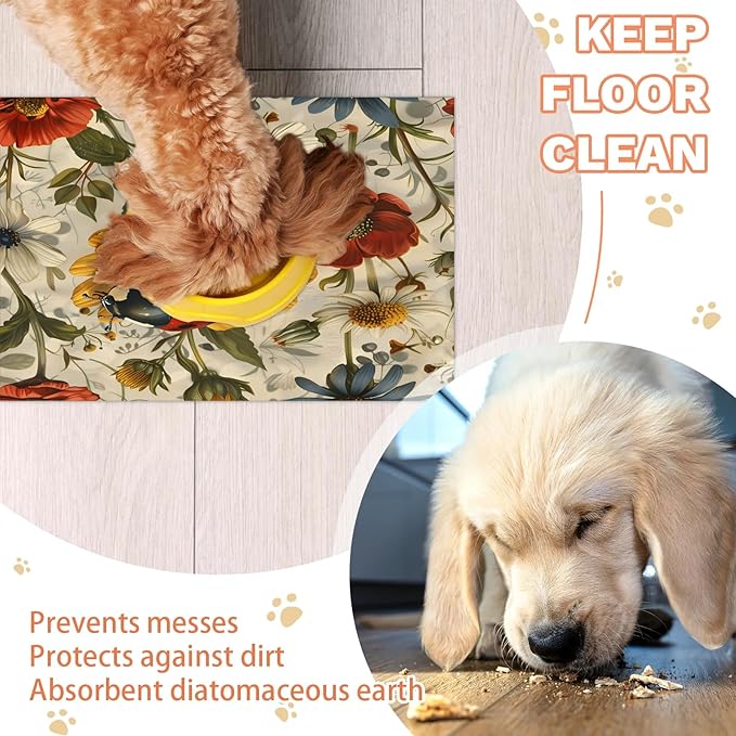 Cute Ladybird Dog Food Mat for Floors Absorbent, Quick Dry Water Dispenser Mat for Food, Water, Pet Supplies 24" x 32", Daisy Flower