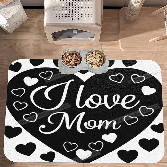 Dog Food Mats for Floors Happy Mother's Day Floral Gift Mom Black Absorbent Pet Cat Food Mat Quick Dry Dog Bowl Mats for Water Pet Supplies 24x16In
