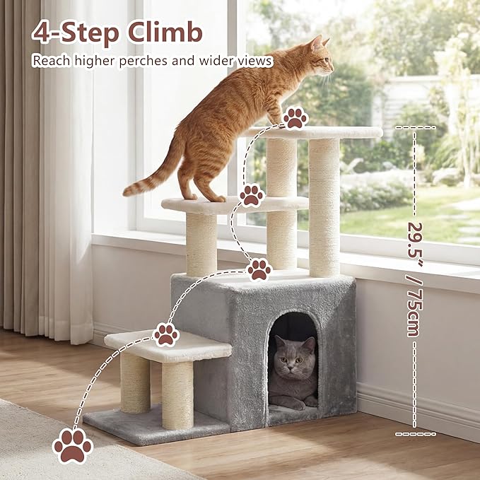 Heybly Pet Stairs for Cats, 29.5 inch High Dog Steps for Small Doggie Rabbits, 9.8''Depth Cat Stairs, Indoor Cat Ladders for High Bed for Pet's Joints, 1 Condo Cave, 6 Sisal Scratcher HSP002SWWH