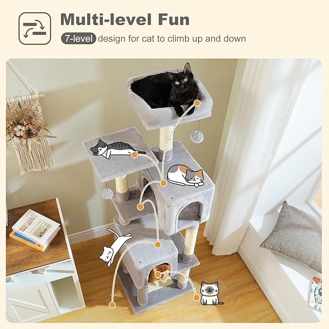 Cat Tree for Indoor Cats, 62" Multi-Level Cat Tower with 2 Spacious Condos, Scratching Pad, 4 Cat Scratching Posts, 2 Top Perches, 2 Pompoms, Grey
