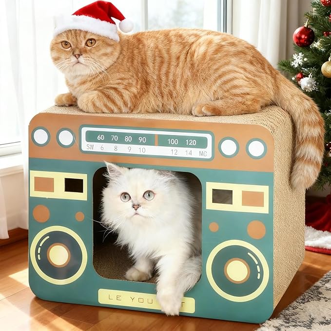 Radio Cat Scratcher Cardboard Lounge Bed - Durable Pads Prevent Furniture Damage - Cat Scratchers & Play House for Indoor Cats - Corrugated Scratcher Box Toy for Cat Birthday