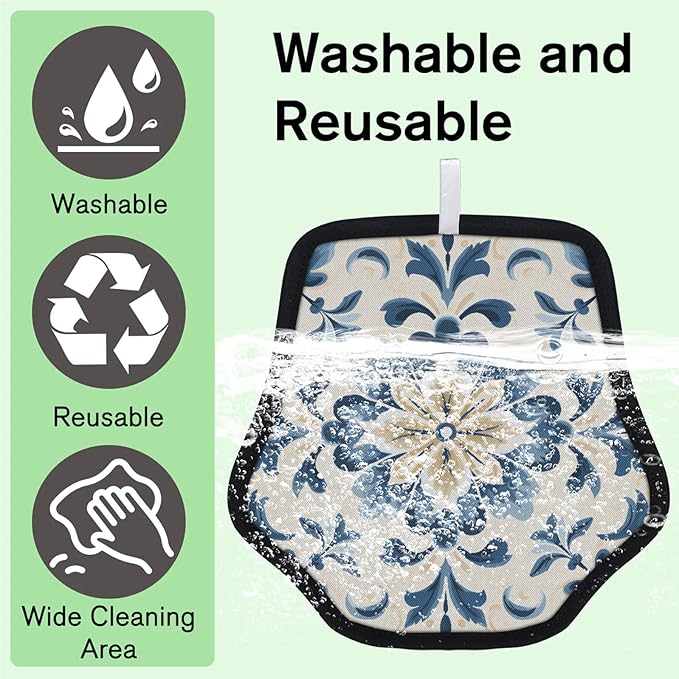 Reusable Pet Hair Removal Glove Watercolor Blue Flowers Magic Brush for Cat & Dog Hair Remover for Car, Sofa, Bedding, Clothes - 9x9 Mitt Washable