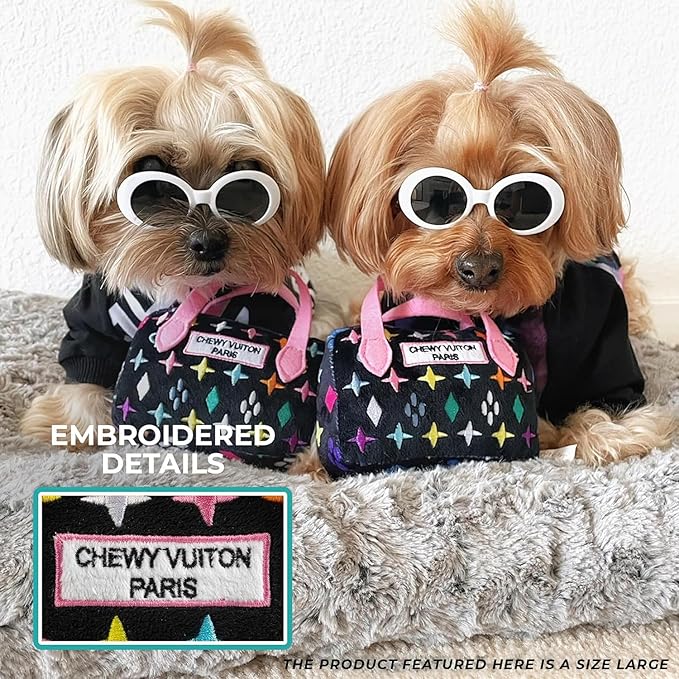 Haute Diggity Dog Black Monogram Chewy Vuiton Handbag, Plush Designer Dog Toys with Interactive Squeaker, Stimulating Pet Enrichment, Machine-Washable & Safe Materials for All Breeds, Size Small