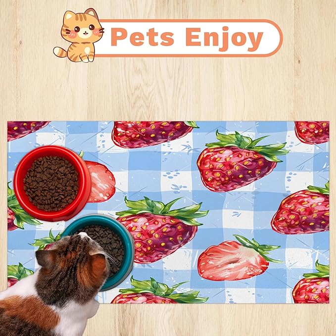 Strawberry Fruit Dog Food Mat for Floors Absorbent Dog Bowl Mat for Food and Water Dispenser Quick Dry Cat Food Placemat Pet Supplies 12" x 20", Buffalo Check