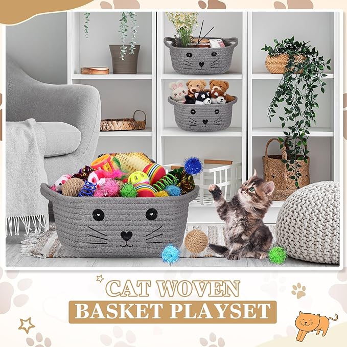 Zopeal 58 Pcs Easter Cat Storage Basket Gift Toys Set, Colorful Flashing Balls Pet Bell Crinkle Balls Spring Toys Attract Cat to Swat, Hunt, Interactive for Pet(Grey,9.8 Inch)