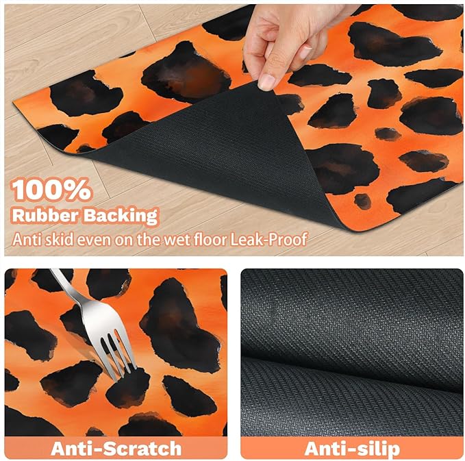 Leopard Print Dog Food Mat for Floors Absorbent Dog Bowl Mat for Food and Water Dispenser Quick Dry Cat Food Placemat Pet Supplies 17" x 30", Orange Wild Skin