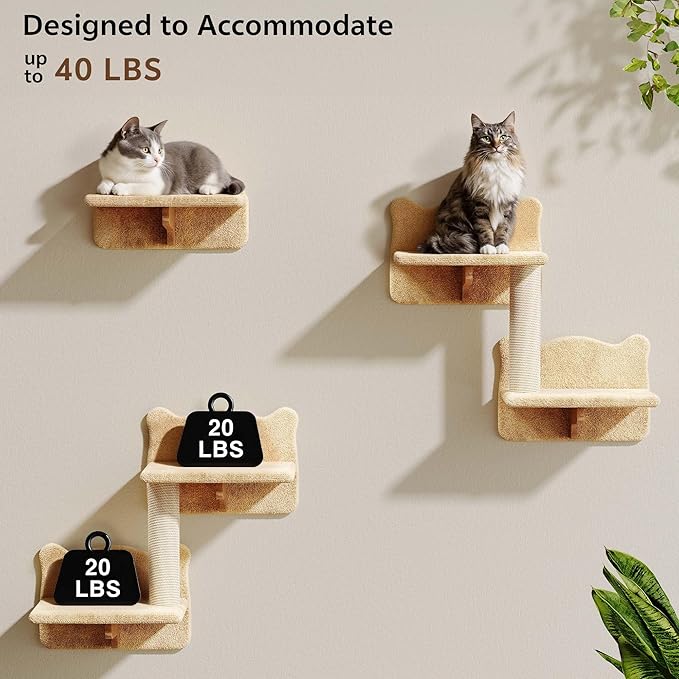 26-in-1 Cat Wall Shelves, Wall Mounted Pet Furniture w/Plush Fabric, Cat Climbing Wall System, 63'' Cats Tower w/Scratching Posts, Cats Shelf with 40''L Tunnel, Condos, House, Step and Ladder