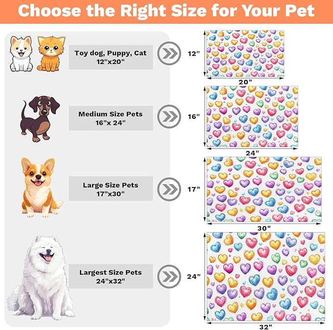 Valentine’s Day Dog Food Mat for Floors Absorbent, Quick Dry Water Dispenser Mat for Food, Water, Pet Supplies 24" x 32", Colorful Love Heart