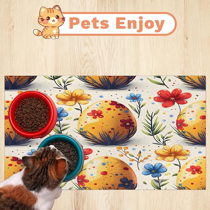 Easter Eggs Dog Food Mat for Floors Absorbent Dog Bowl Mat for Food and Water Dispenser Quick Dry Cat Food Placemat Pet Supplies 12" x 20", Watercolor Wildflower