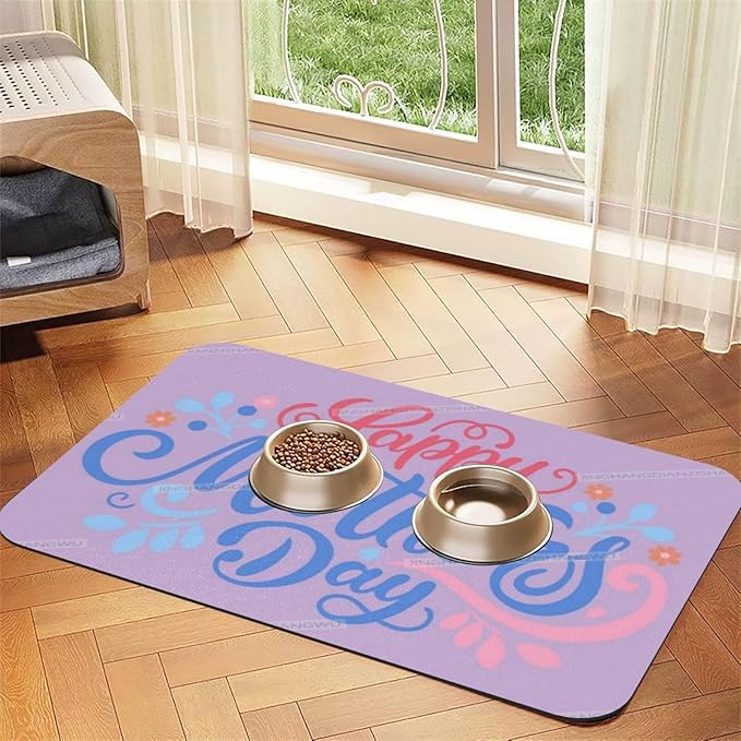 Dog Food Mat for Floors Absorbent Quick Drying Happy Mother's Day Floral Gift for Mom O Pet Cat Food Mat Easy-to-Clean Pet Feeding Mats Dog Bowl Mats 24x16In