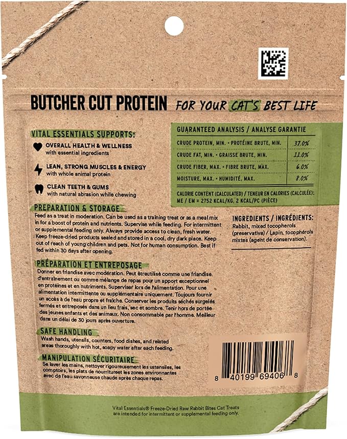 Vital Essentials Freeze Dried Cat Treats | Rabbit Bites, Single Protein | Premium Quality | Grain Free, Crunchy Cat Treats, 0.9 oz Bag