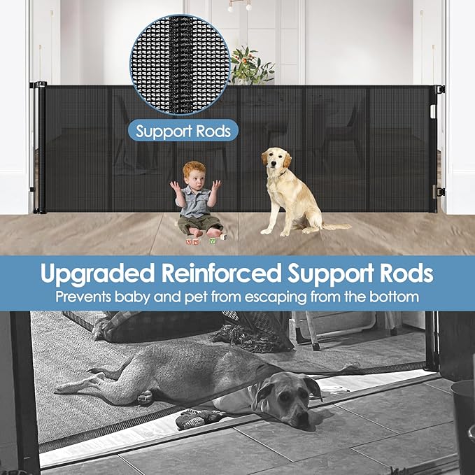 Reinforced 75” Wide Retractable Baby Gates with Support Rods, Retractable Dog Gate for The House Extra Wide Mesh Pet Gate Indoor Outdoor Child Gates for Doorways Stair Gates for Kids or Pets (Black)