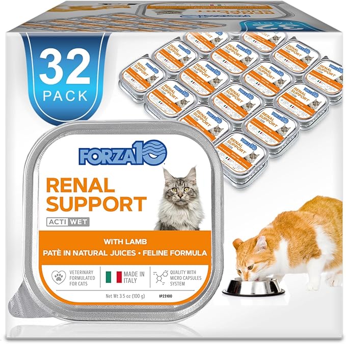 Forza10 - Cat Food, Vet-Formulated Renal Wet Cat Food, Non GMO, Kidney Care Food with Lamb Flavor, Crafted for Adults, Made in Italy (3.5 oz, 32 Pack)