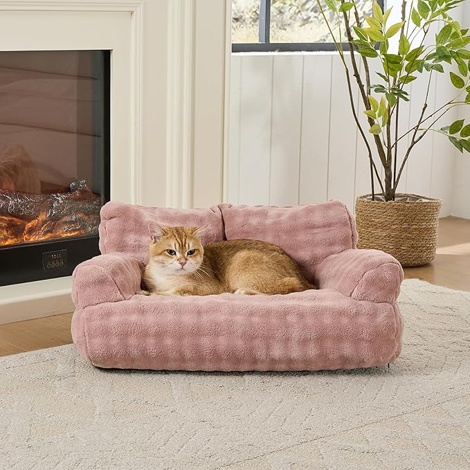 Cat Couch Bed, Cute Soft Pet Sofa for Indoor Cats Kittens Puppies with Removable Washable Cover, 26"x15", Dusty Pink