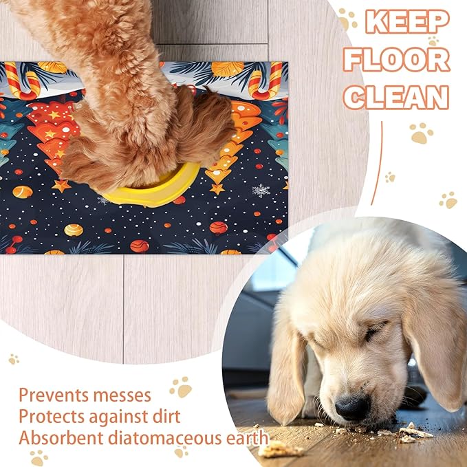 Merry Christmas Dog Food Mat for Floors Absorbent, Quick Dry Water Dispenser Mat for Food, Water, Pet Supplies 24" x 32", Snowy Xmas Tree
