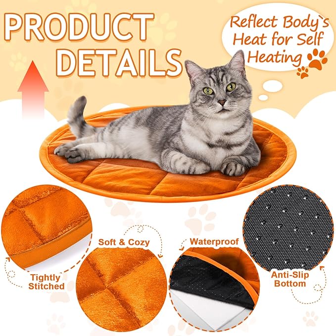 2 Pcs Self Warming Cat Mat Round Self Heating Pad Bed Reversible Machine Washable Heated Bed Anti Slip Warming Pad Pet Mat for Cat Crate Indoor Outdoor(Orange,16 Inch)