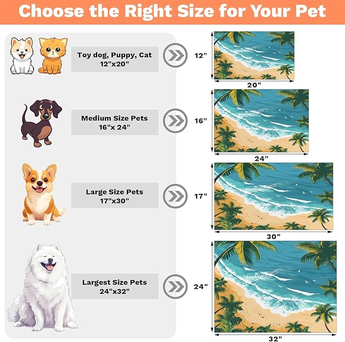 Blue Beach Dog Food Mat for Floors Absorbent, Quick Dry Water Dispenser Mat for Food, Water, Pet Supplies 16" x 24", Tropical Palm Tree