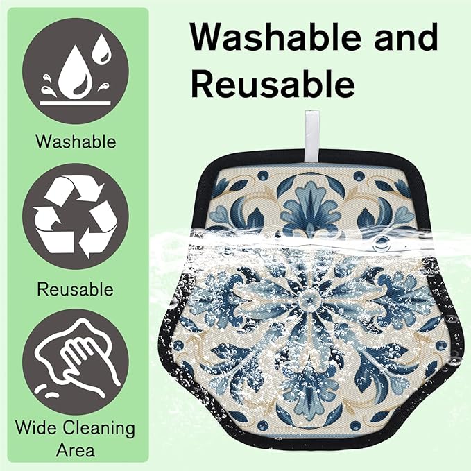 Reusable Pet Hair Removal Glove Blue Flower Magic Brush for Cat & Dog Hair Remover for Car, Sofa, Bedding, Clothes - 9x9 Mitt Washable