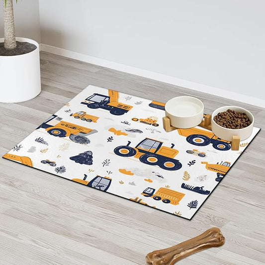Truck Dog Food Mat for Floors Absorbent, Quick Dry Water Dispenser Mat for Food, Water, Pet Supplies 24" x 32", Cartoon Vehicle