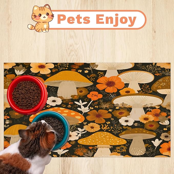 Mushroom Dog Food Mat for Floors Absorbent Dog Bowl Mat for Food and Water Dispenser Quick Dry Cat Food Placemat Pet Supplies 12" x 20", Wildflower