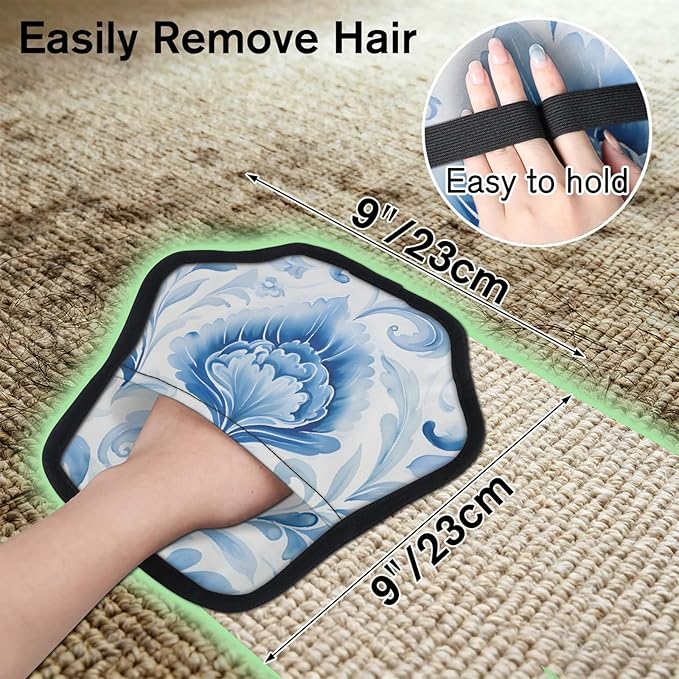 Reusable Pet Hair Removal Glove Blue Floral Watercolor Magic Brush for Cat & Dog Hair Remover for Car, Sofa, Bedding, Clothes - 9x9 Mitt Washable