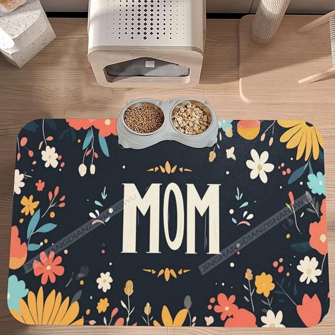 Absorbent Dog Water Cat Mat for Food Water Bowl Quick Dry Happy Mother's Day Floral Gift for Mom Bx Pet Feeding Mats No Stains Dog Food Mat Pet Accessories Supplies Cat Bowl Mats 24x16In